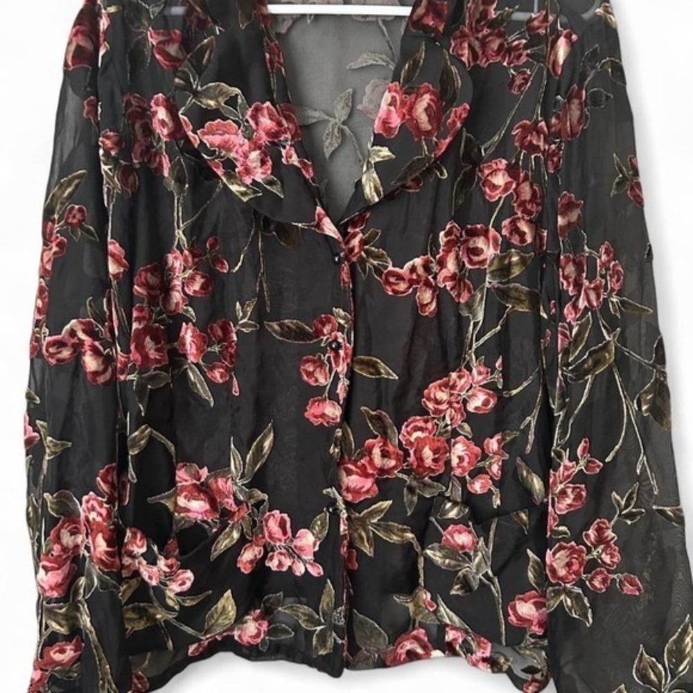 Midnight velvet Black floral velvet blouse with sheer‎ sleeves